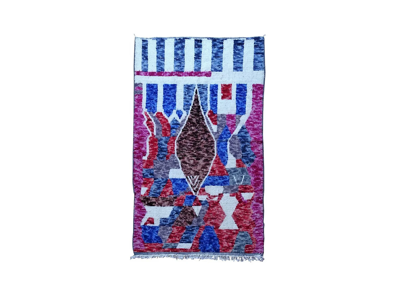 Authentique tapis berbère 145x235 fait à la main en laine blanc cassé et bleu AZILAL 19 motif ethnic