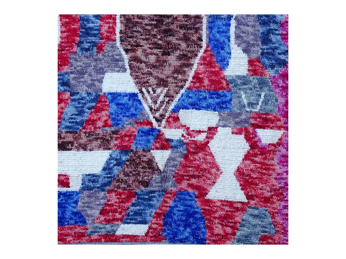 Authentique tapis berbère 145x235 fait à la main en laine blanc cassé et bleu AZILAL 19 motif ethnic