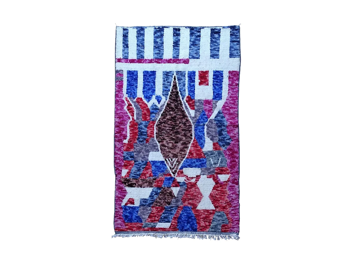 Authentique tapis berbère 145x235 fait à la main en laine blanc cassé et bleu AZILAL 19 motif ethnic