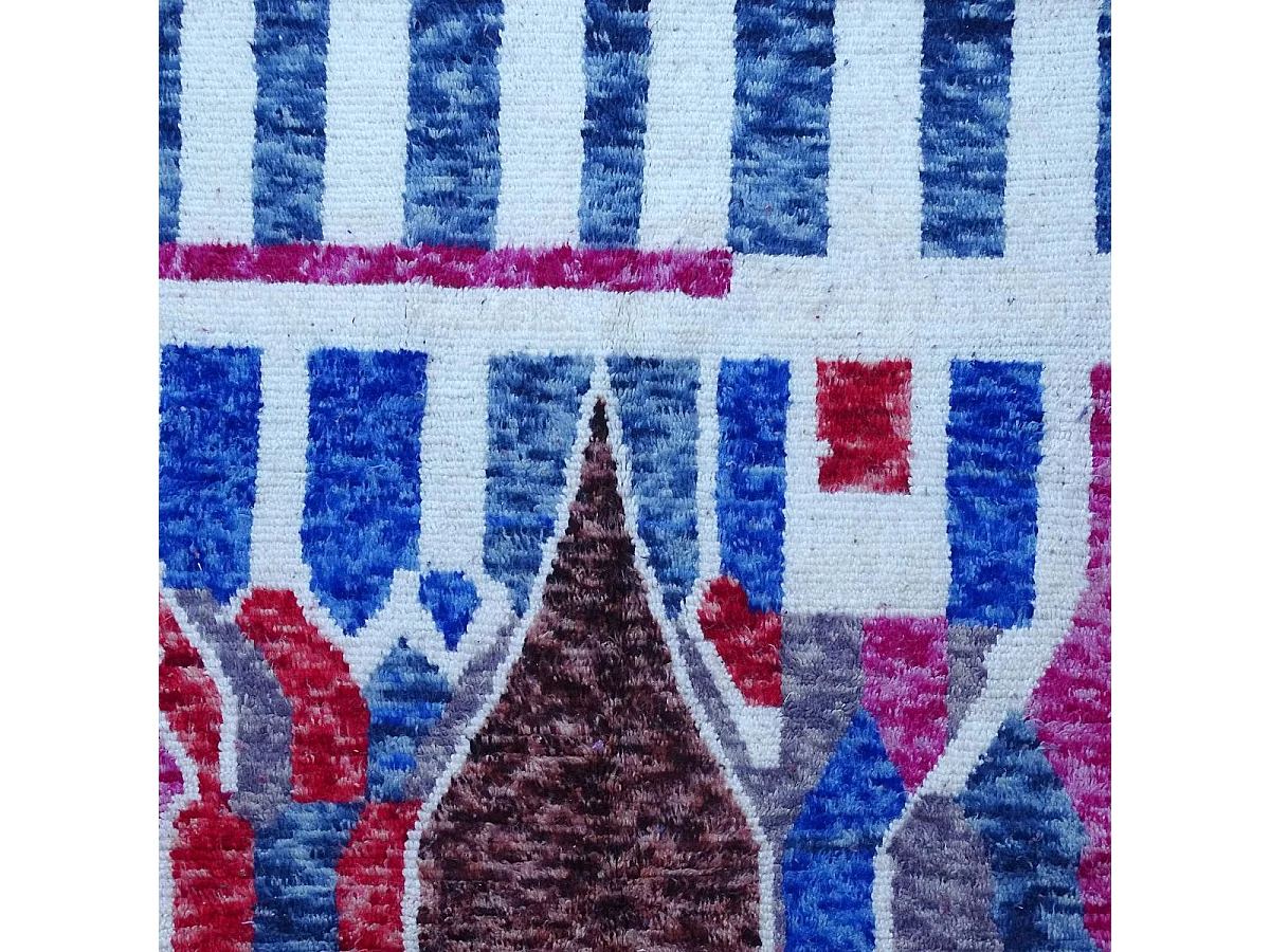 Authentique tapis berbère 145x235 fait à la main en laine blanc cassé et bleu AZILAL 19 motif ethnic