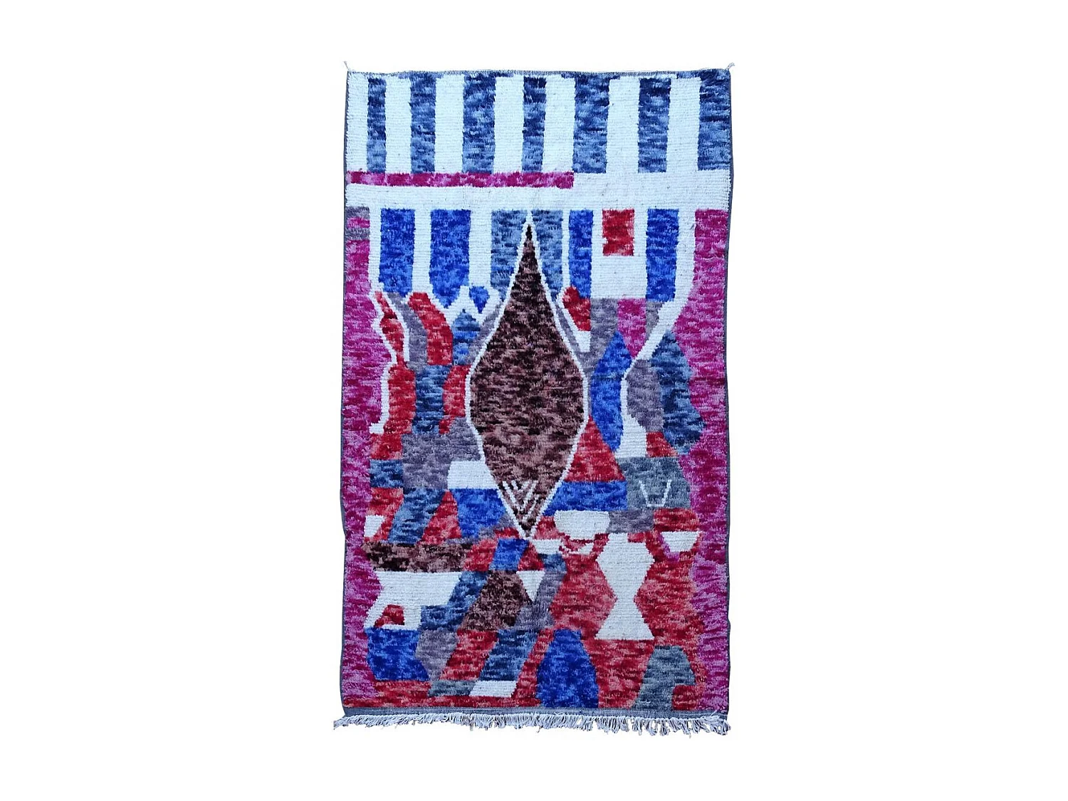 Authentique tapis berbère 145x235 fait à la main en laine blanc cassé et bleu AZILAL 19 motif ethnic