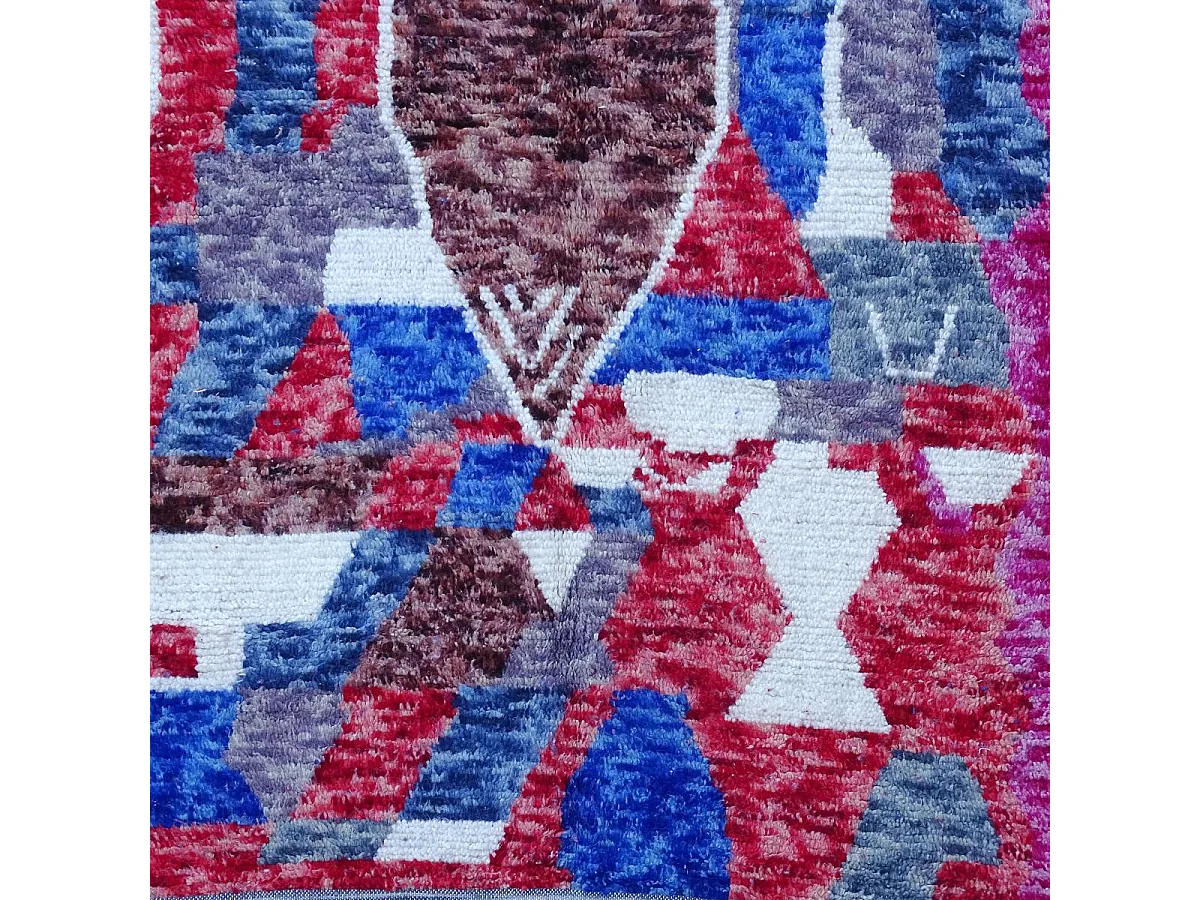 Authentique tapis berbère 145x235 fait à la main en laine blanc cassé et bleu AZILAL 19 motif ethnic