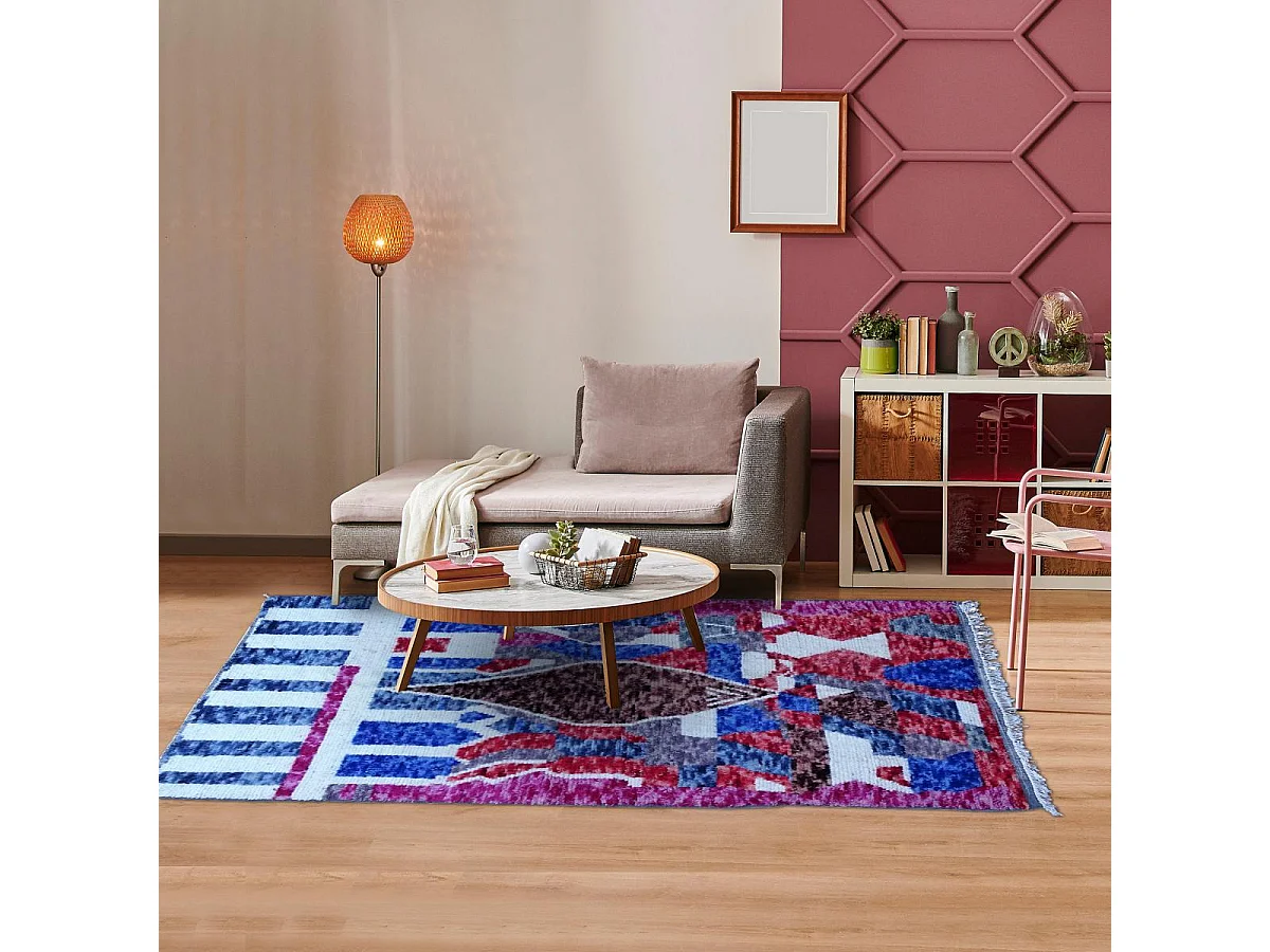 Authentique tapis berbère 145x235 fait à la main en laine blanc cassé et bleu AZILAL 19 motif ethnic