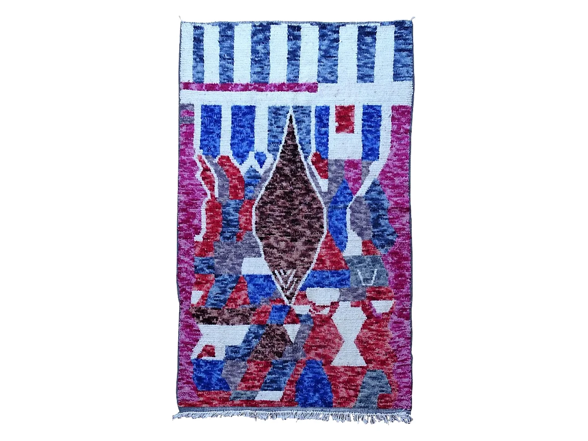 Authentique tapis berbère 145x235 fait à la main en laine blanc cassé et bleu AZILAL 19 motif ethnic