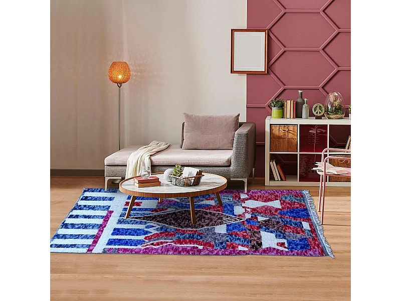 Authentique tapis berbère 145x235 fait à la main en laine blanc cassé et bleu AZILAL 19 motif ethnic