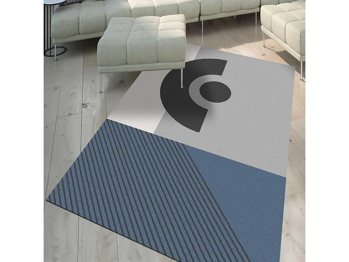tapis grand salon 200x280 tissé gris et bleu rectangle motif géométrique ELAK