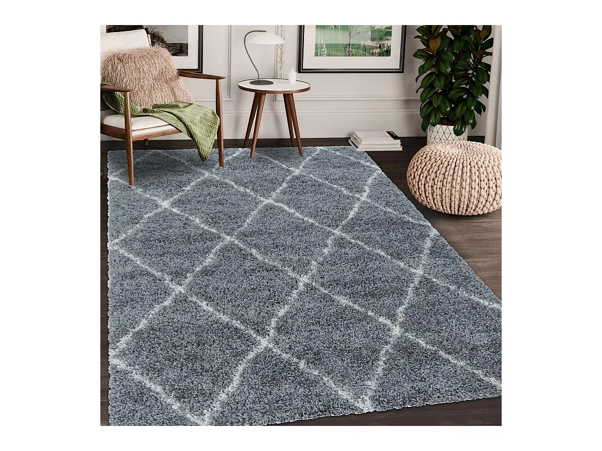 Tapis berbère rond Ø160cm tissé motif losange SHAGGY A gris