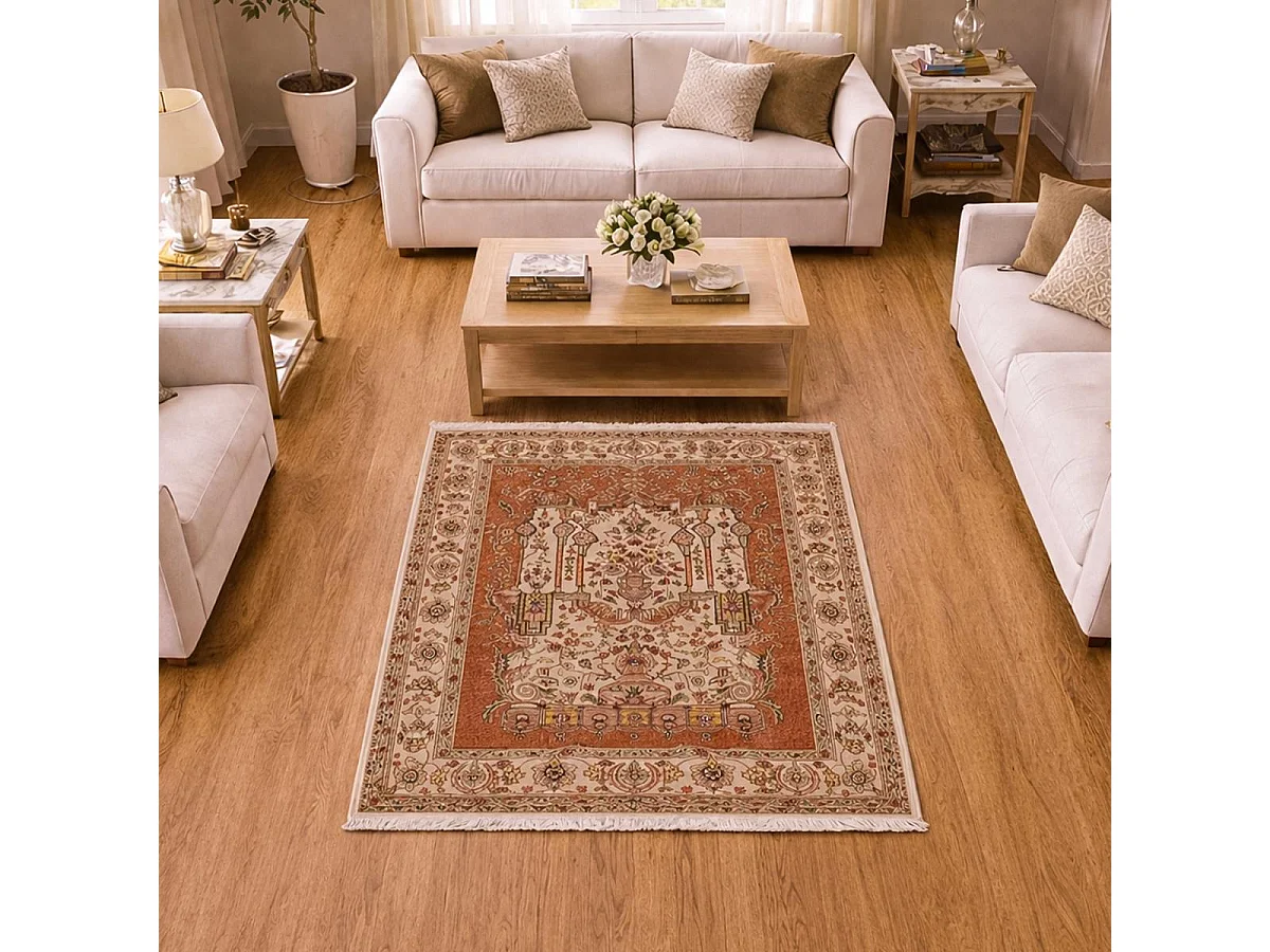 Authentique tapis d'Orient 125x195 fait main en soie beige JIHANGIR 91