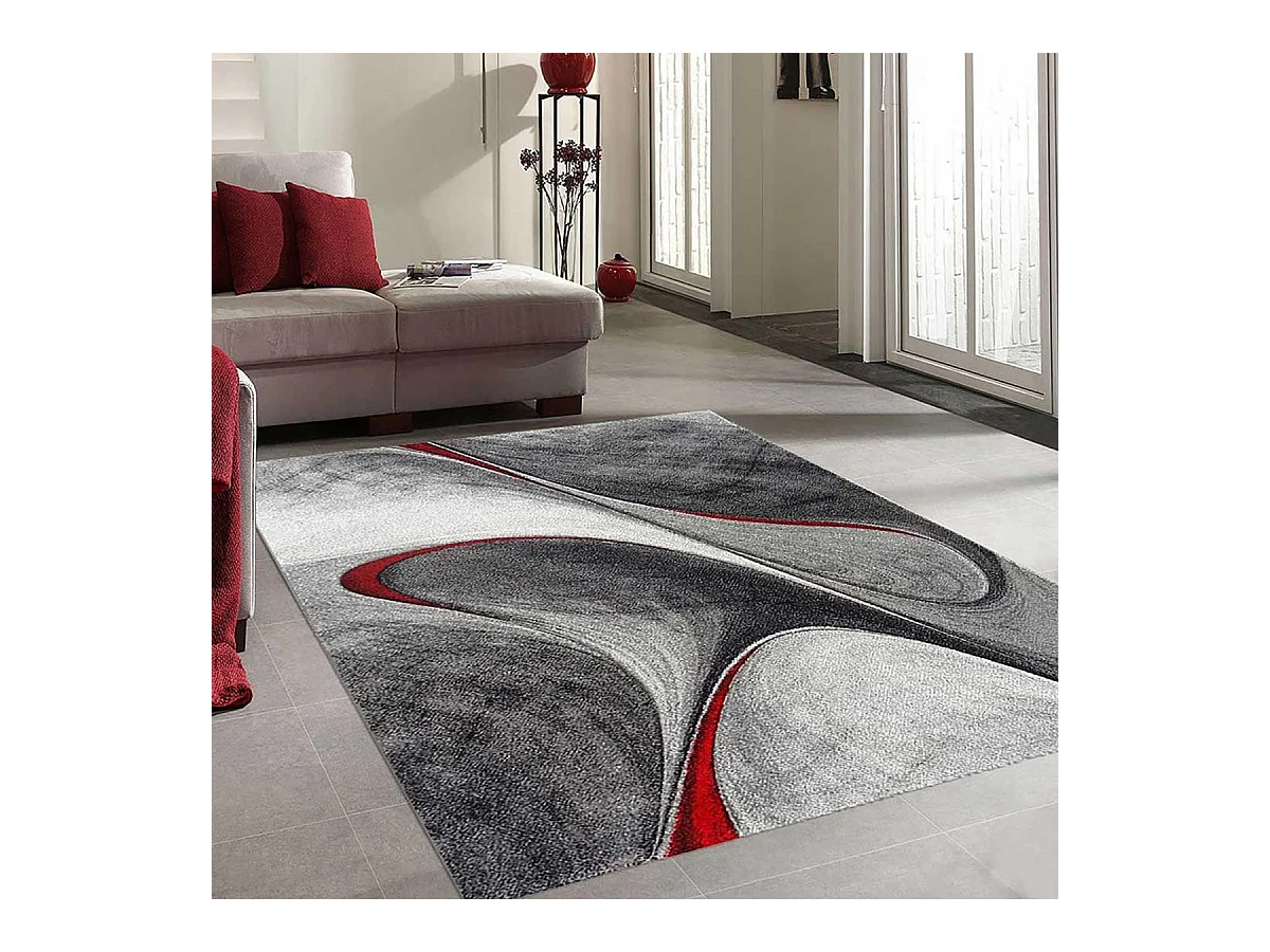 tapis salon 140x140 tissé rouge et gris carré motif géométrique LYN8 MADILA