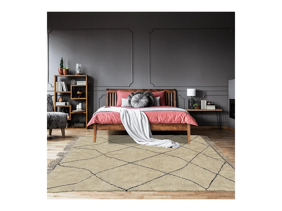 Authentique tapis berbère 310x435 fait à la main en laine crème et noir BENI OUARAIN DA