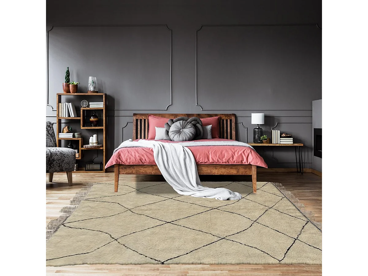 Authentique tapis berbère 310x435 fait à la main en laine crème et noir BENI OUARAIN DA