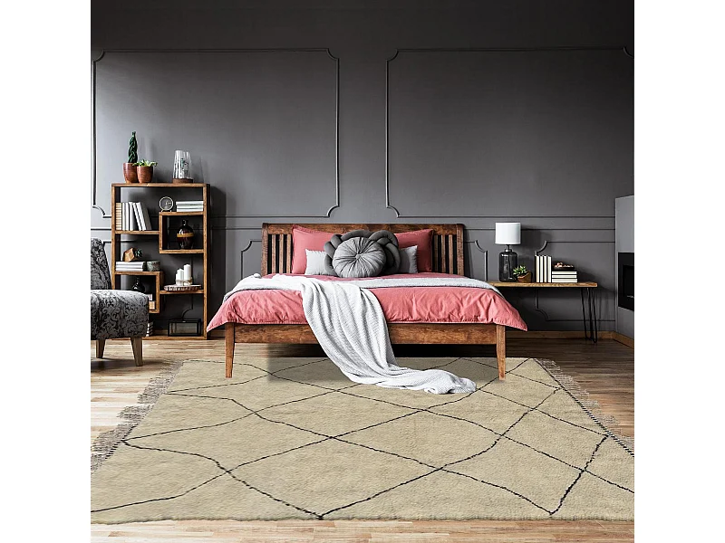 Authentique tapis berbère 310x435 fait à la main en laine crème et noir BENI OUARAIN DA