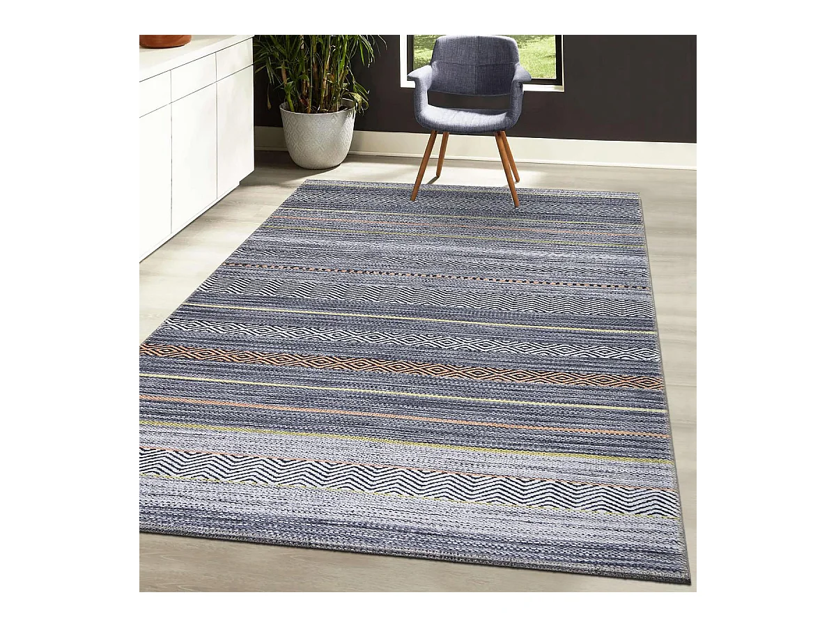 tapis entrée 115x180 tissé gris et orange rectangle motif ethnique NOBASTA