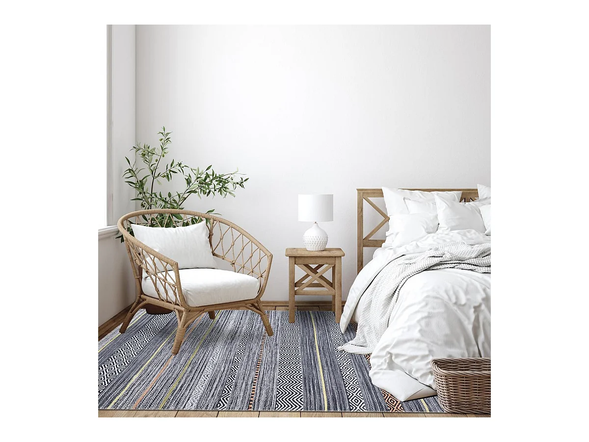 tapis entrée 115x180 tissé gris et orange rectangle motif ethnique NOBASTA