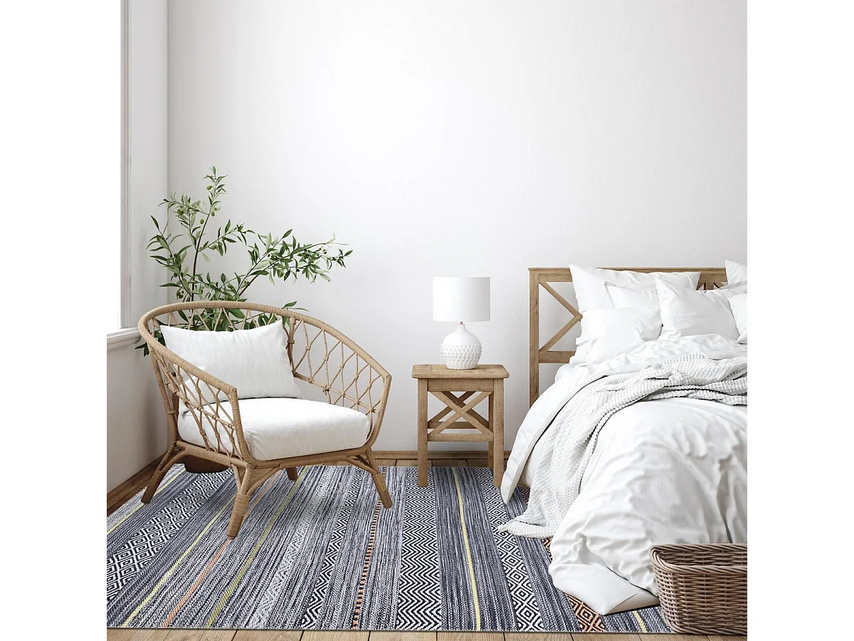 tapis entrée 115x180 tissé gris et orange rectangle motif ethnique NOBASTA