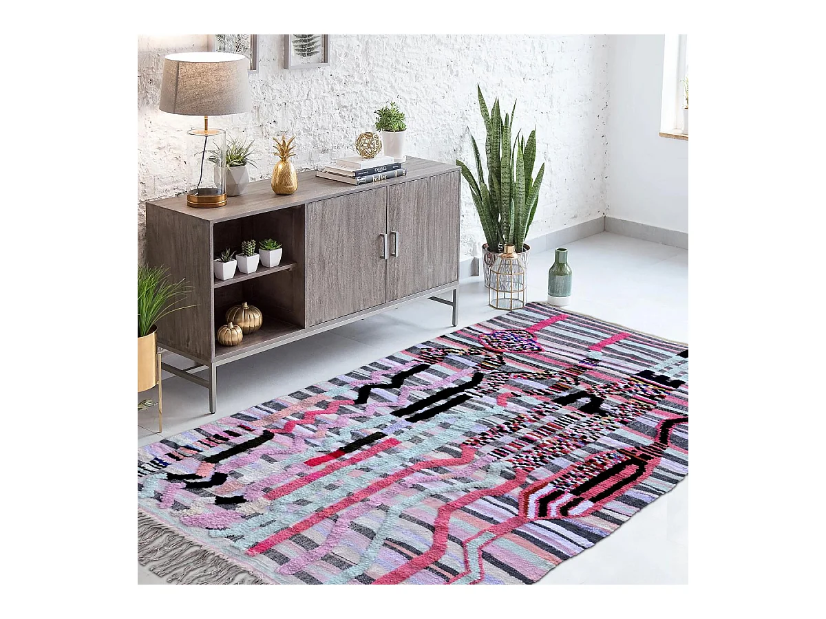 Authentique tapis berbère 140x210 fait à la main en laine multicolore AZILAL 32 motif ethnic