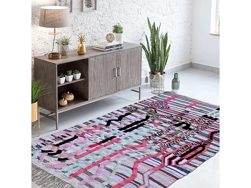 Authentique tapis berbère 140x210 fait à la main en laine multicolore AZILAL 32 motif ethnic