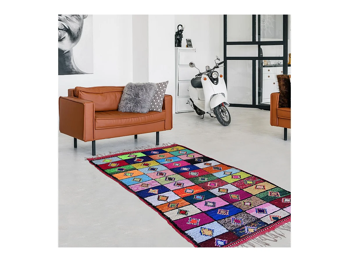 Authentique tapis berbère 160x250 fait à la main en coton vert et jaune BOUCHAROUETTE AC