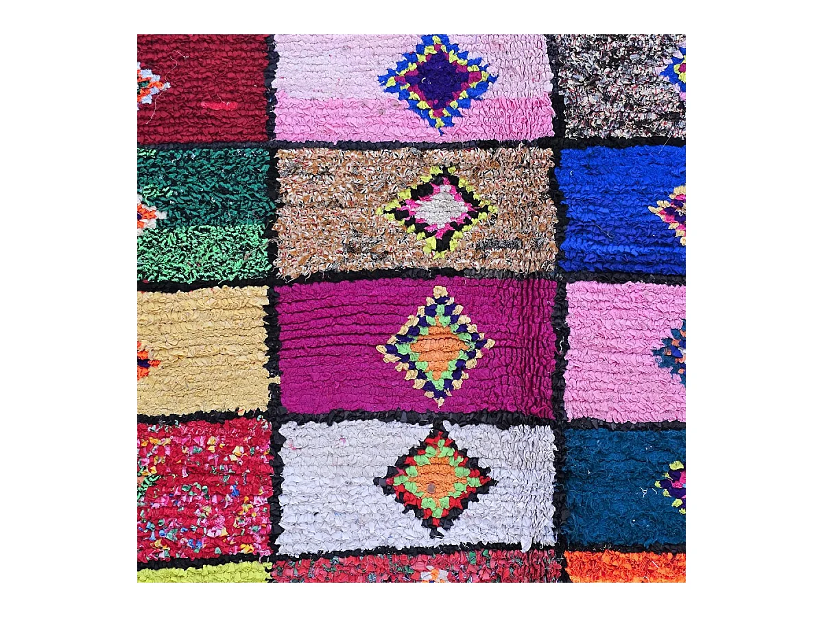 Authentique tapis berbère 160x250 fait à la main en coton vert et jaune BOUCHAROUETTE AC