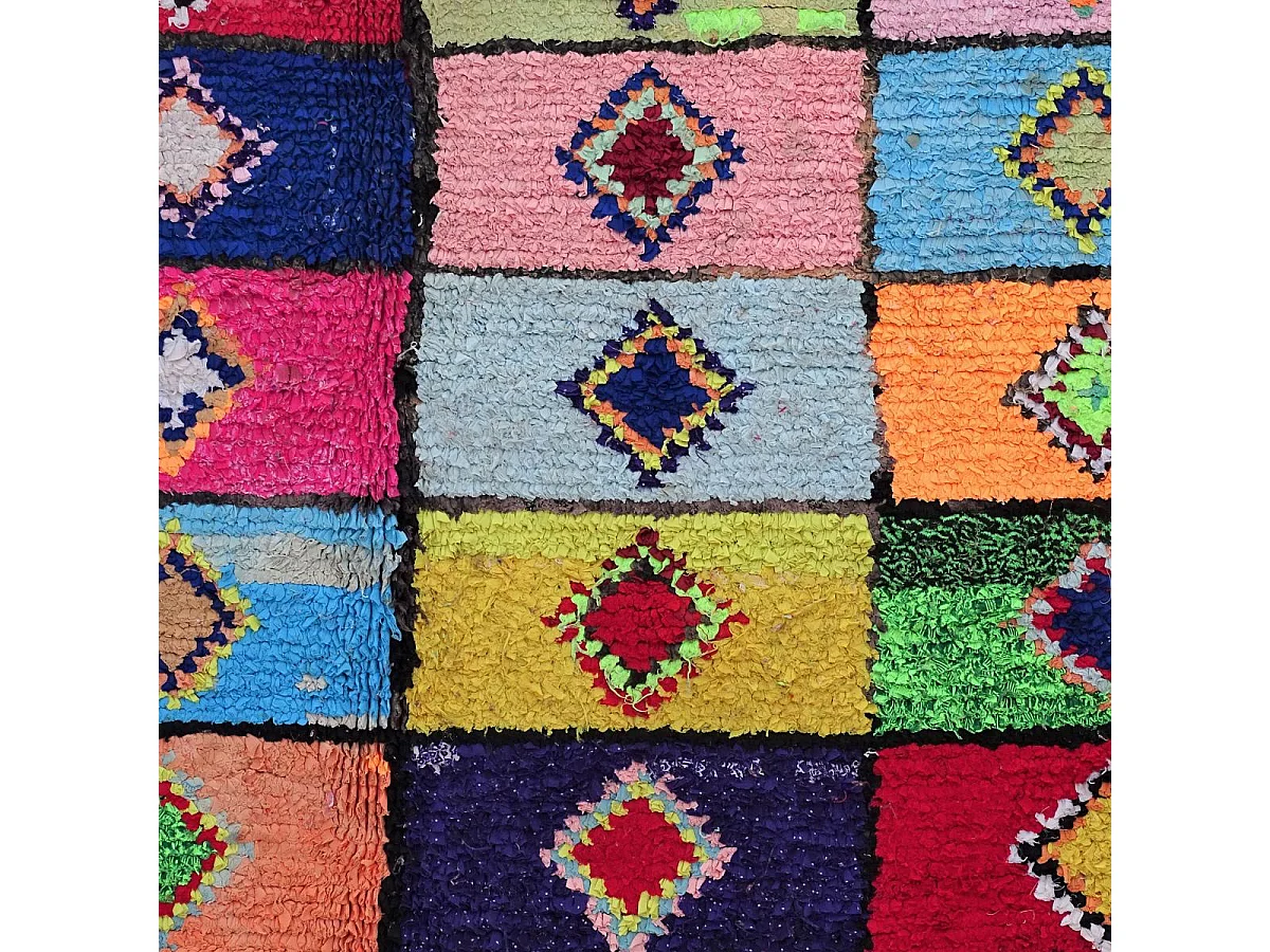 Authentique tapis berbère 160x250 fait à la main en coton vert et jaune BOUCHAROUETTE AC