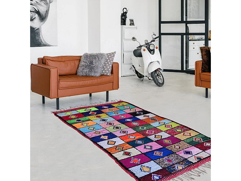 Authentique tapis berbère 160x250 fait à la main en coton vert et jaune BOUCHAROUETTE AC