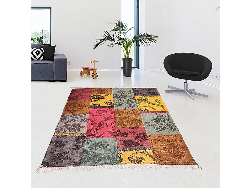 Tapis kilim 170x240 rectangle fait main en coton jaune motif ethnique