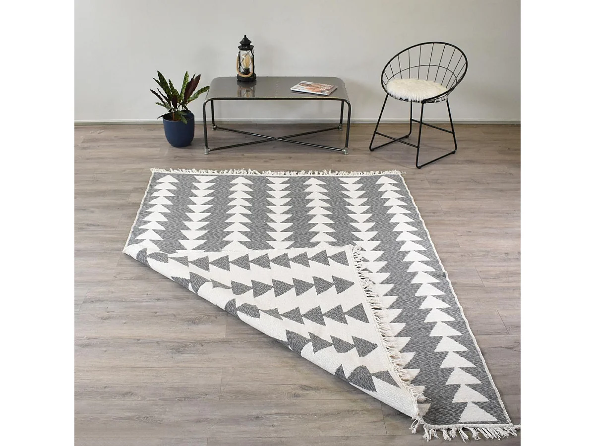 Tapis kilim reversible 160x230 en coton motif scandinave BE crème et gris