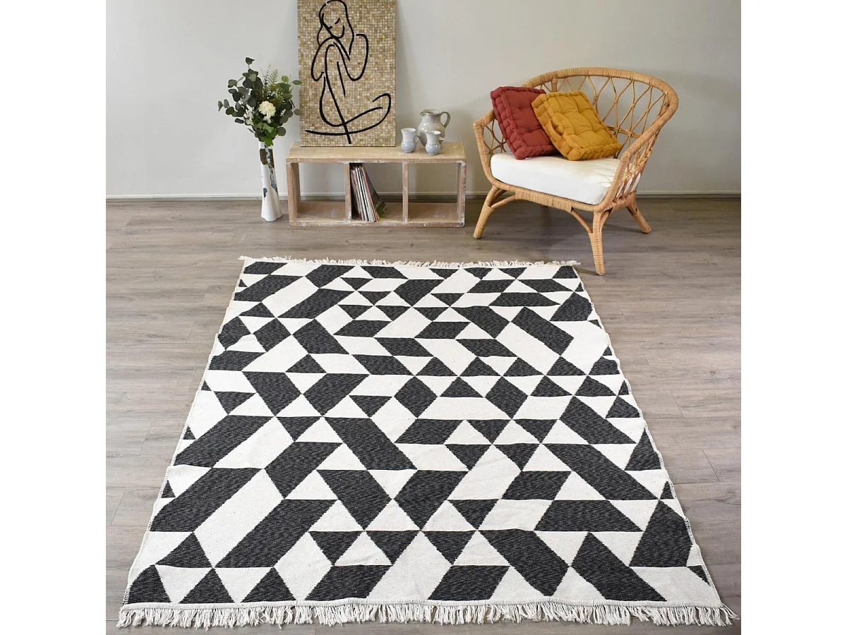 Tappeto kilim reversibile 80x150 in cotone BI panna e motivo geometrico nero