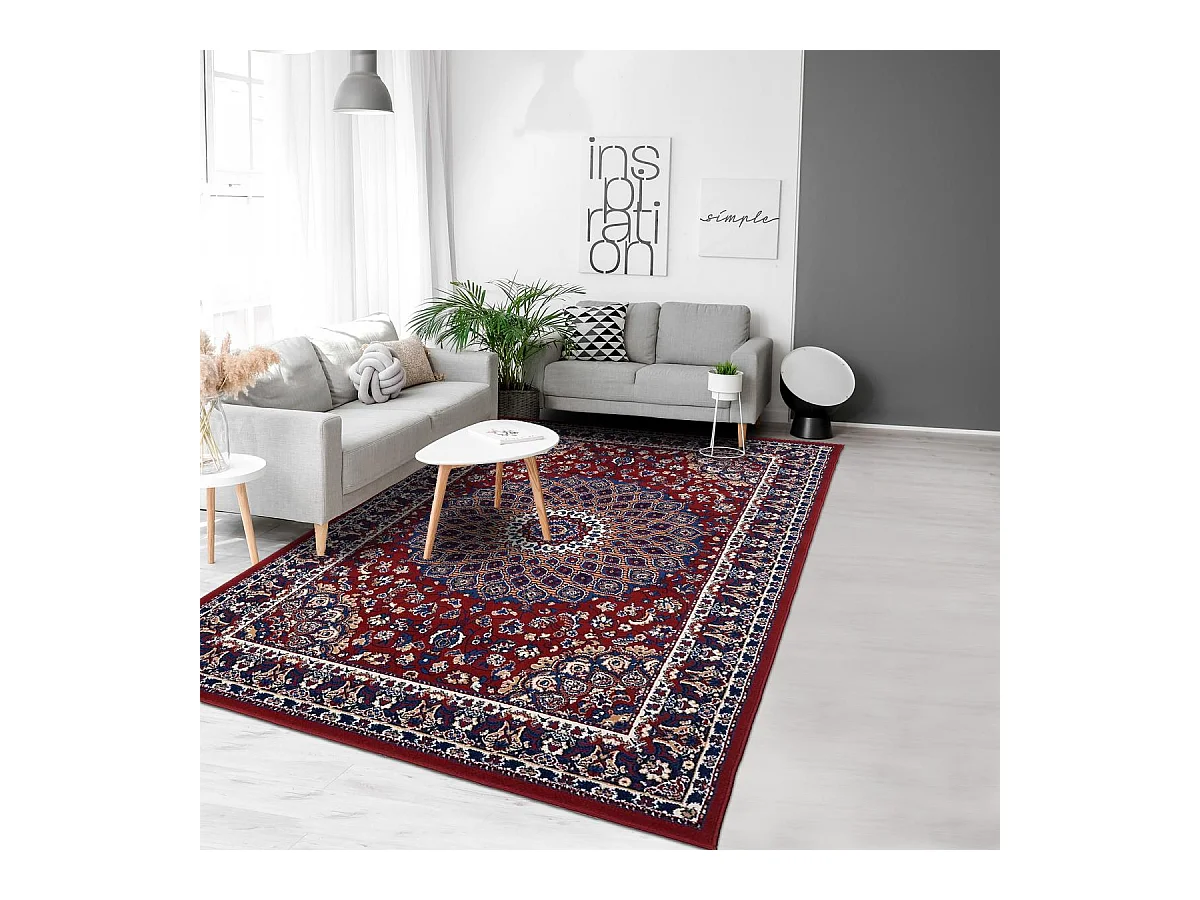 Tapis oriental 280x365 rectangle crème et rouge tissé motif ethnique LYN1 ROSOR