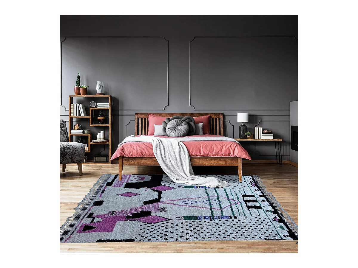 Authentique tapis berbère 260x355 fait à la main en laine crème et rose BENI OUARAIN DC