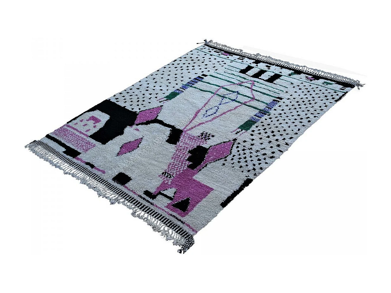 Authentique tapis berbère 260x355 fait à la main en laine crème et rose BENI OUARAIN DC