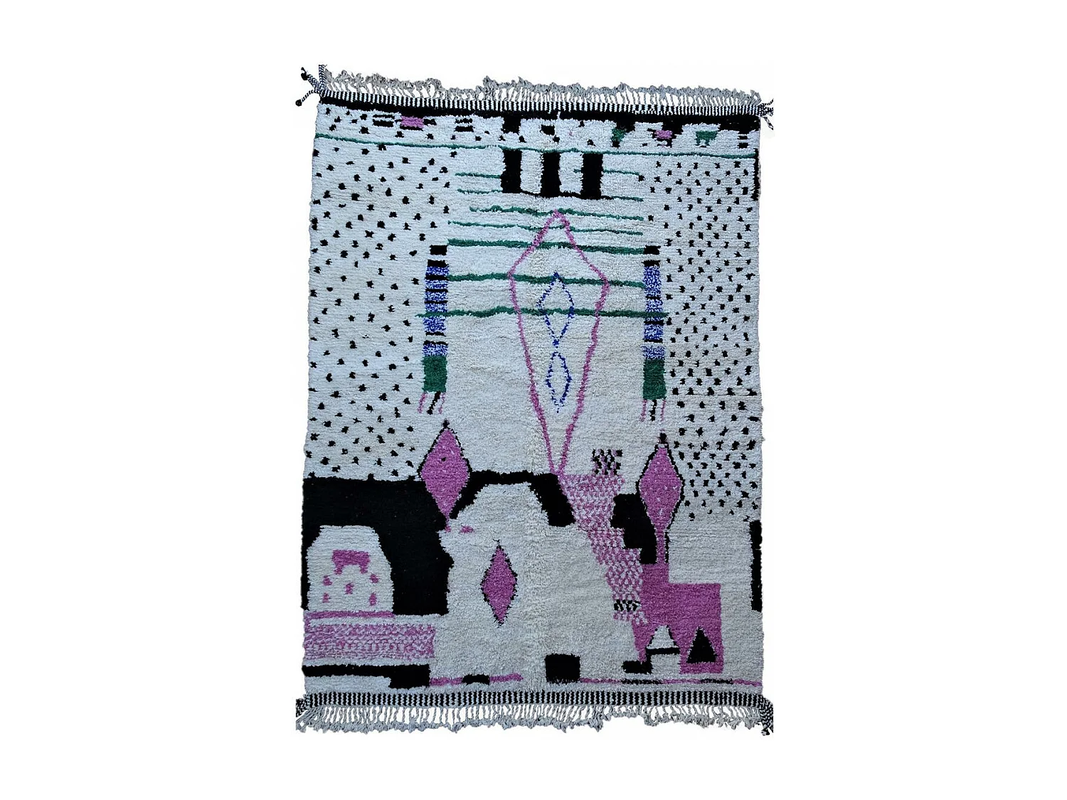 Authentique tapis berbère 260x355 fait à la main en laine crème et rose BENI OUARAIN DC