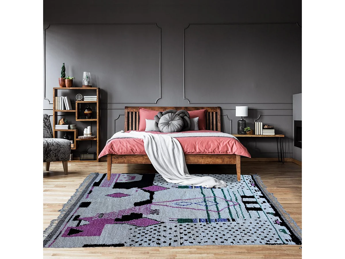Authentique tapis berbère 260x355 fait à la main en laine crème et rose BENI OUARAIN DC