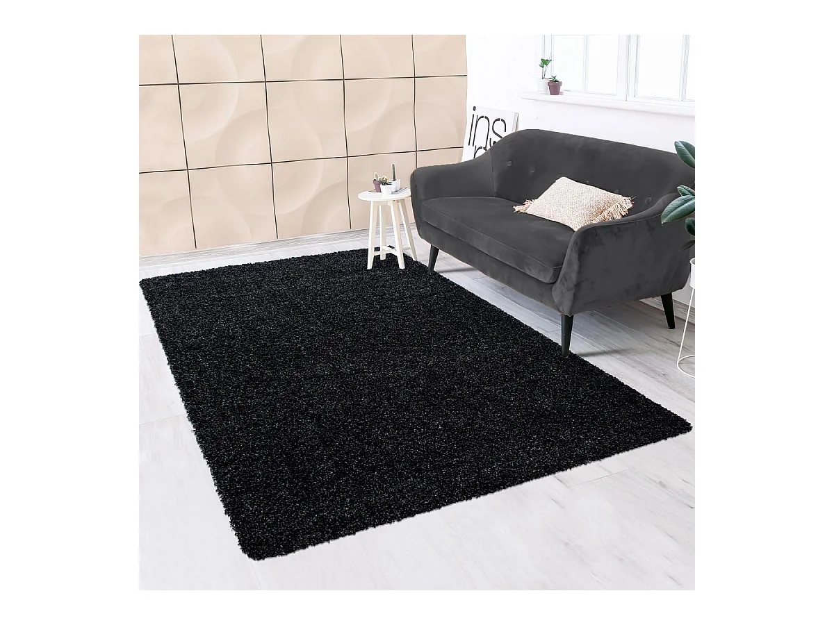 Tapis poils longs shaggy Ø200cm rond tissé noir motif uni UNI L