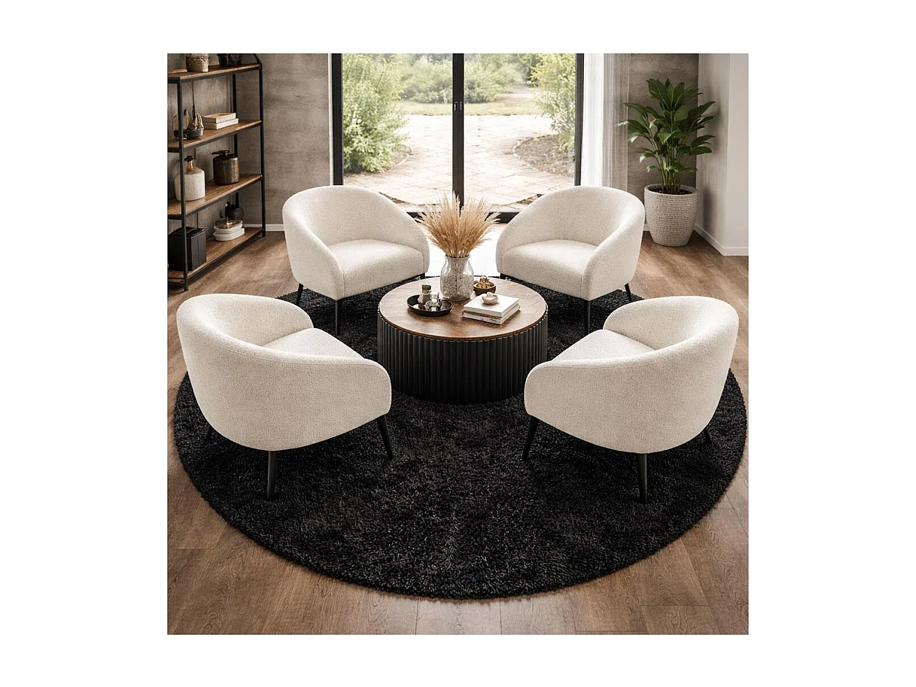 Tapis poils longs shaggy Ø200cm rond tissé noir motif uni UNI L