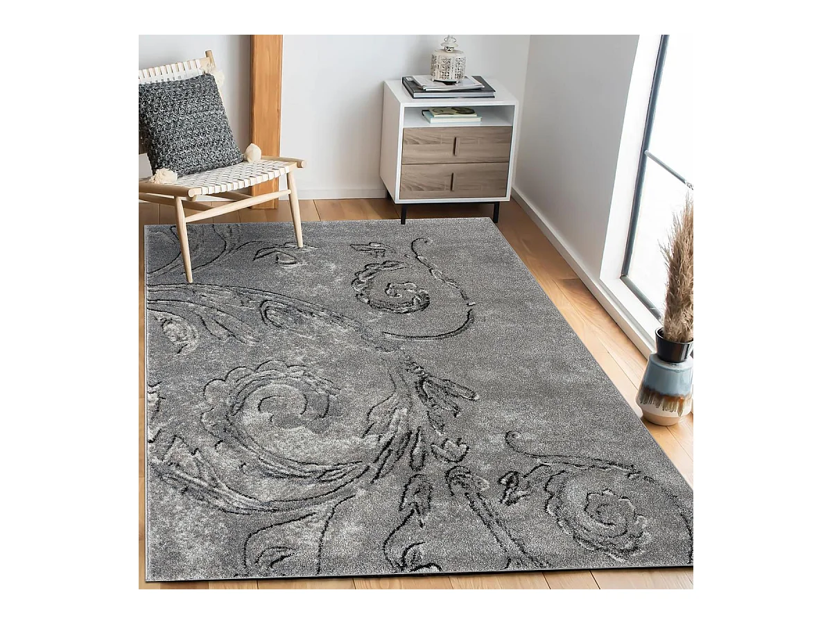 tapis salon 160x220 tissé gris rectangle motif baroque MUMBA D