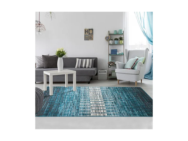 tapis grand salon 190x280 tissé bleu et blanc rectangle motif géométrique