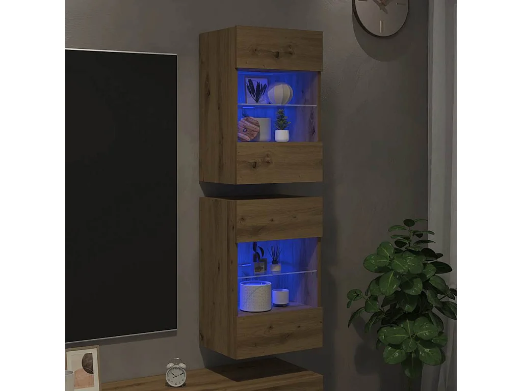 unidades de pared de roble hechas a mano con luces LED para TV