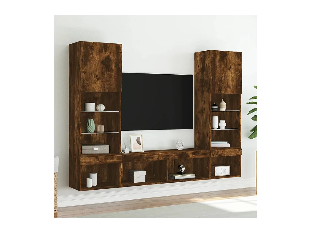 Unités murales TV avec LED 5 pcs chêne fumé bois d'ingénierie