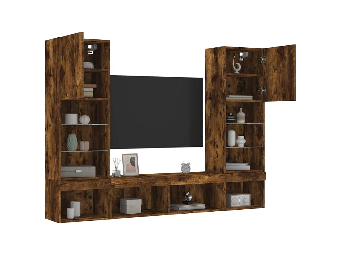 Unités murales TV avec LED 5 pcs chêne fumé bois d'ingénierie