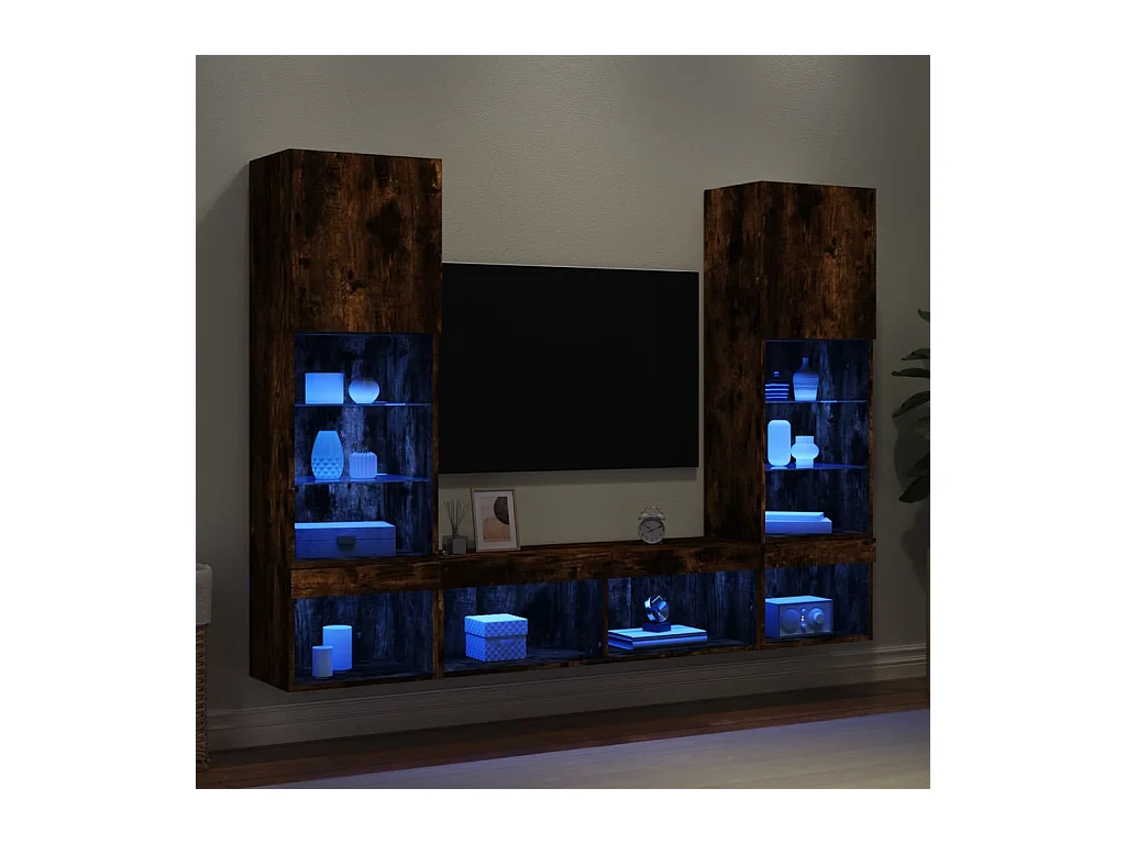 Parete attrezzata TV con LED 5 pezzi in legno ingegnerizzato rovere affumicato
