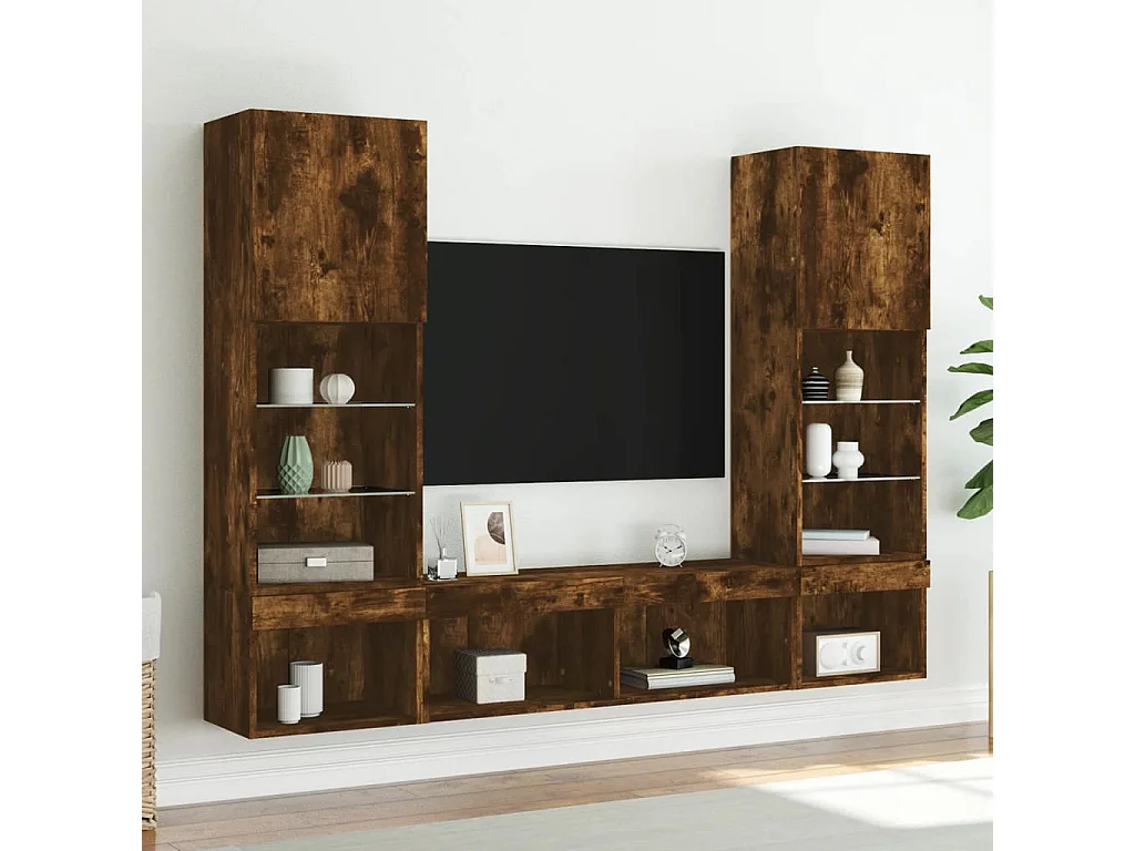 Unités murales TV avec LED 5 pcs chêne fumé bois d'ingénierie