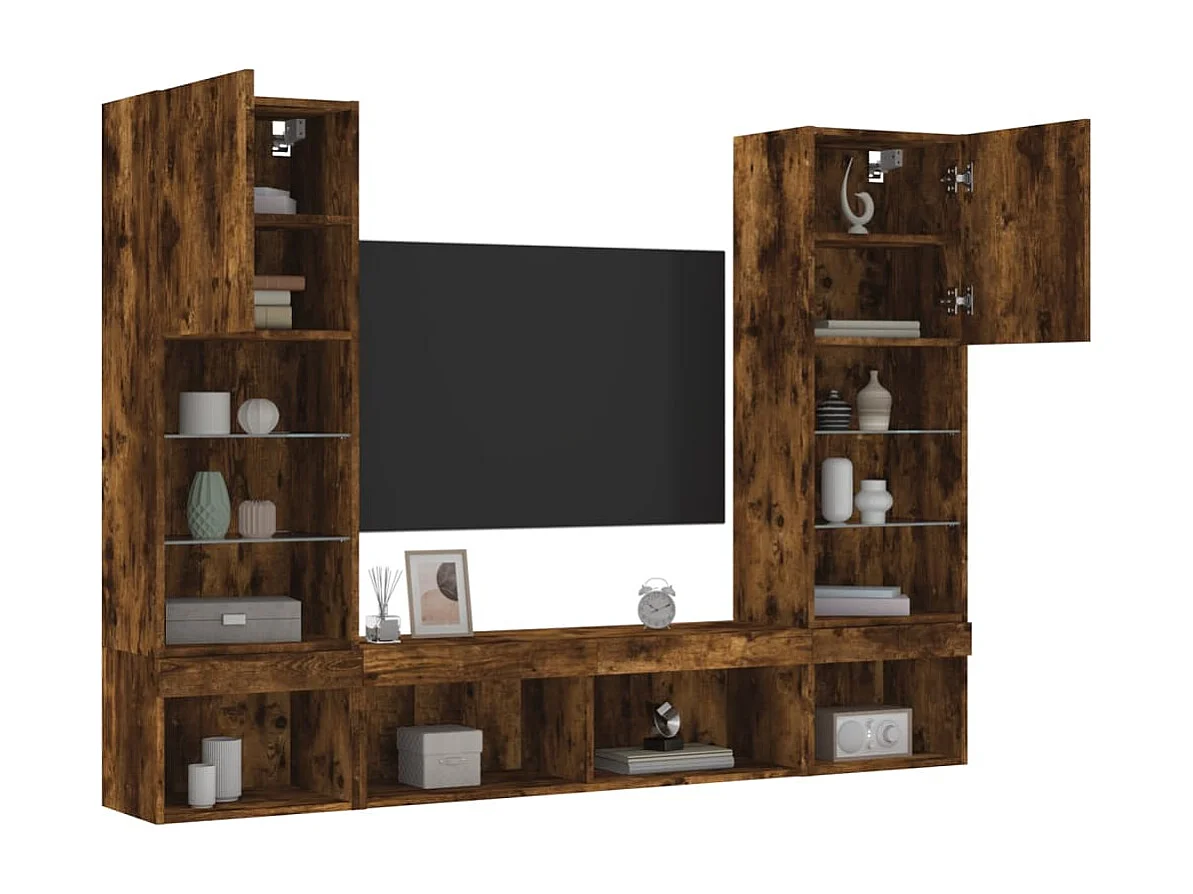 Unités murales TV avec LED 5 pcs chêne fumé bois d'ingénierie