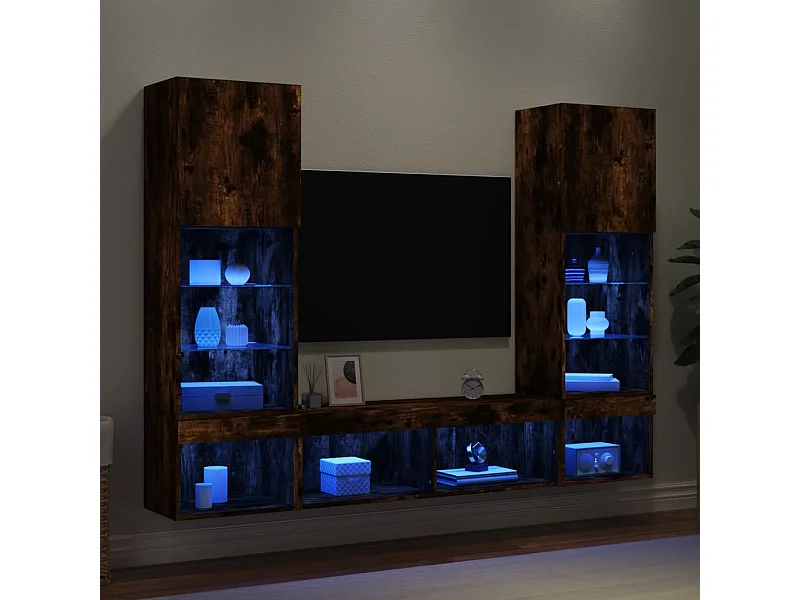 Unités murales TV avec LED 5 pcs chêne fumé bois d'ingénierie