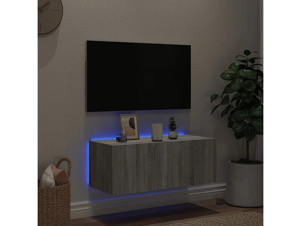Mobile porta TV a parete con luci LED Sonoma grigio 80x35x31 cm