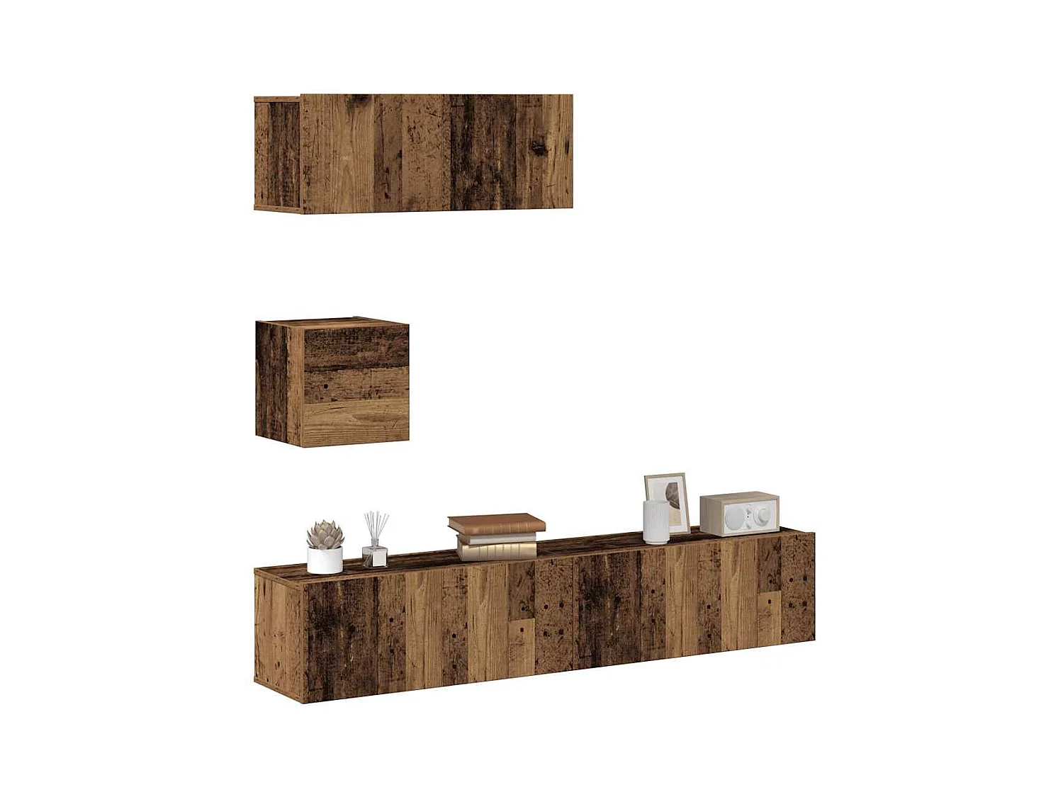Set di mobili porta TV da parete da 4 pezzi, legno invecchiato, legno ingegnerizzato