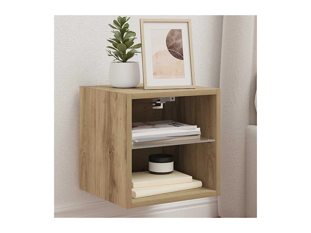 Mobile porta TV a parete con luci LED, rovere lavorato a mano, 30x28,5x30 cm