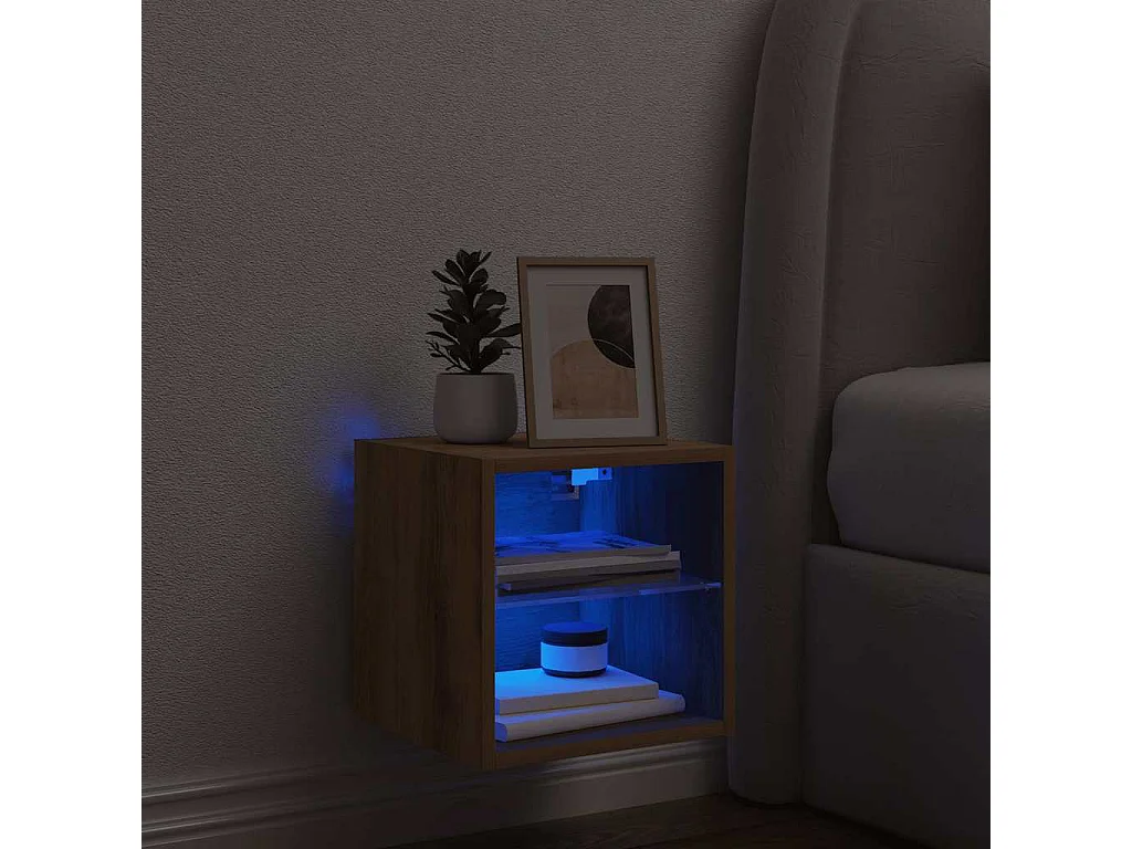 Mobile porta TV a parete con luci LED, rovere lavorato a mano, 30x28,5x30 cm