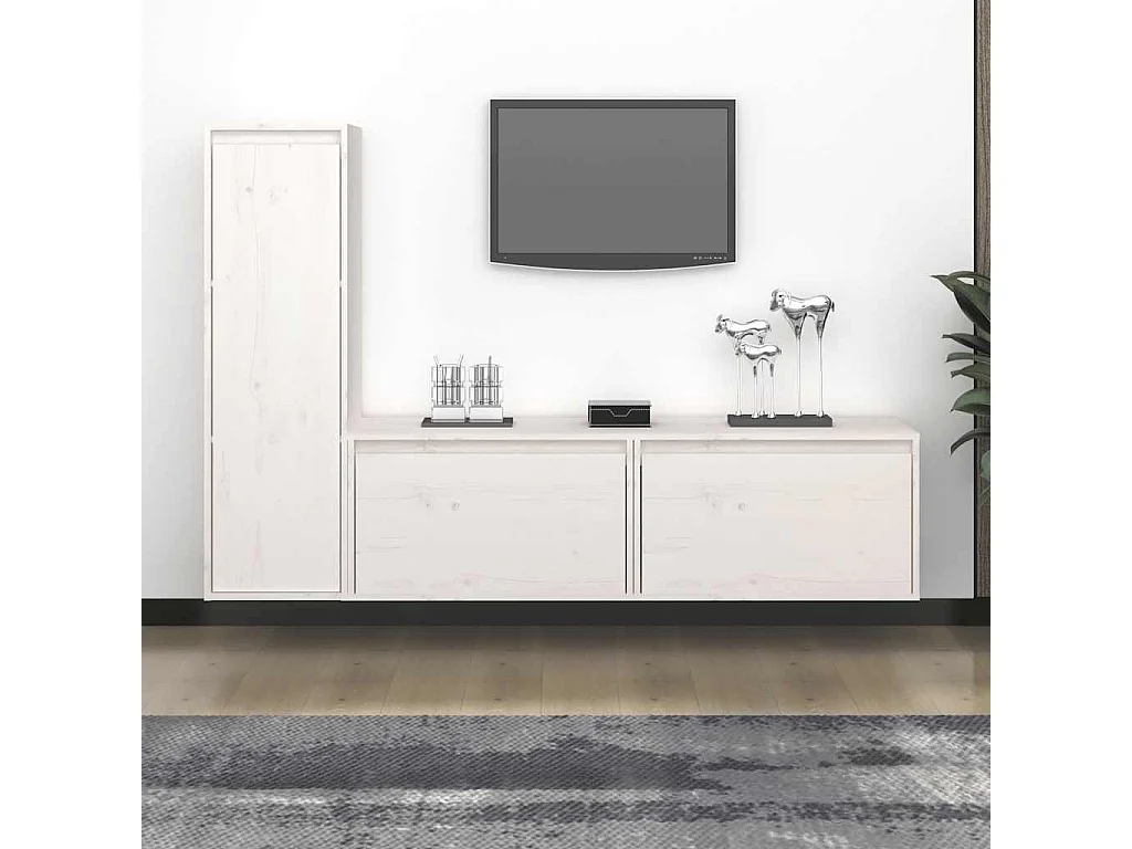 Mobile TV 3 pezzi Bianco Legno massello di pino