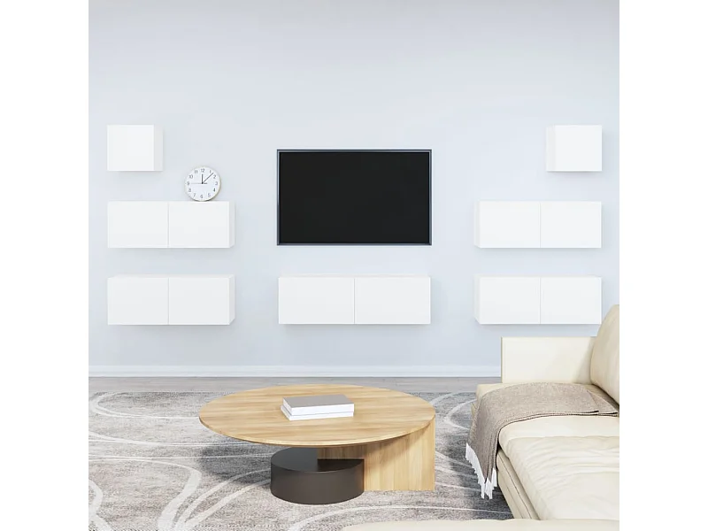 Conjunto de soporte para TV de 7 piezas, blanco, madera de ingeniería